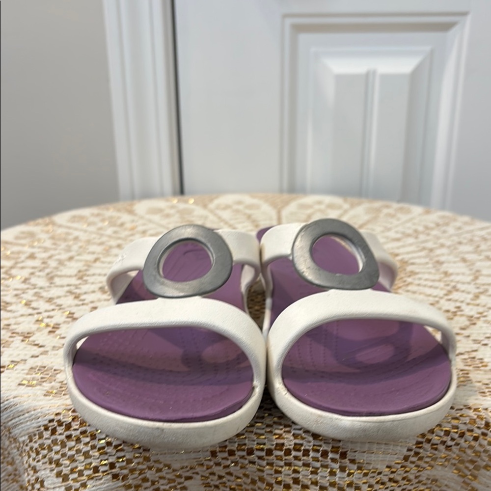 CROCS White Strap Sandals with Purple Footbed - Picture 2 of 8